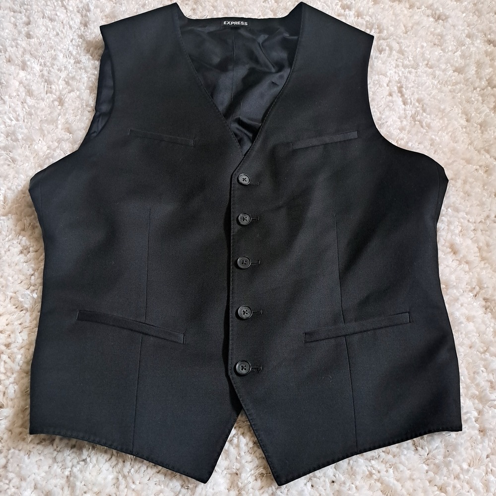 Express Mens Suit Vest Waistcoat Black Size Medium Adjustable Back‎ Cinch